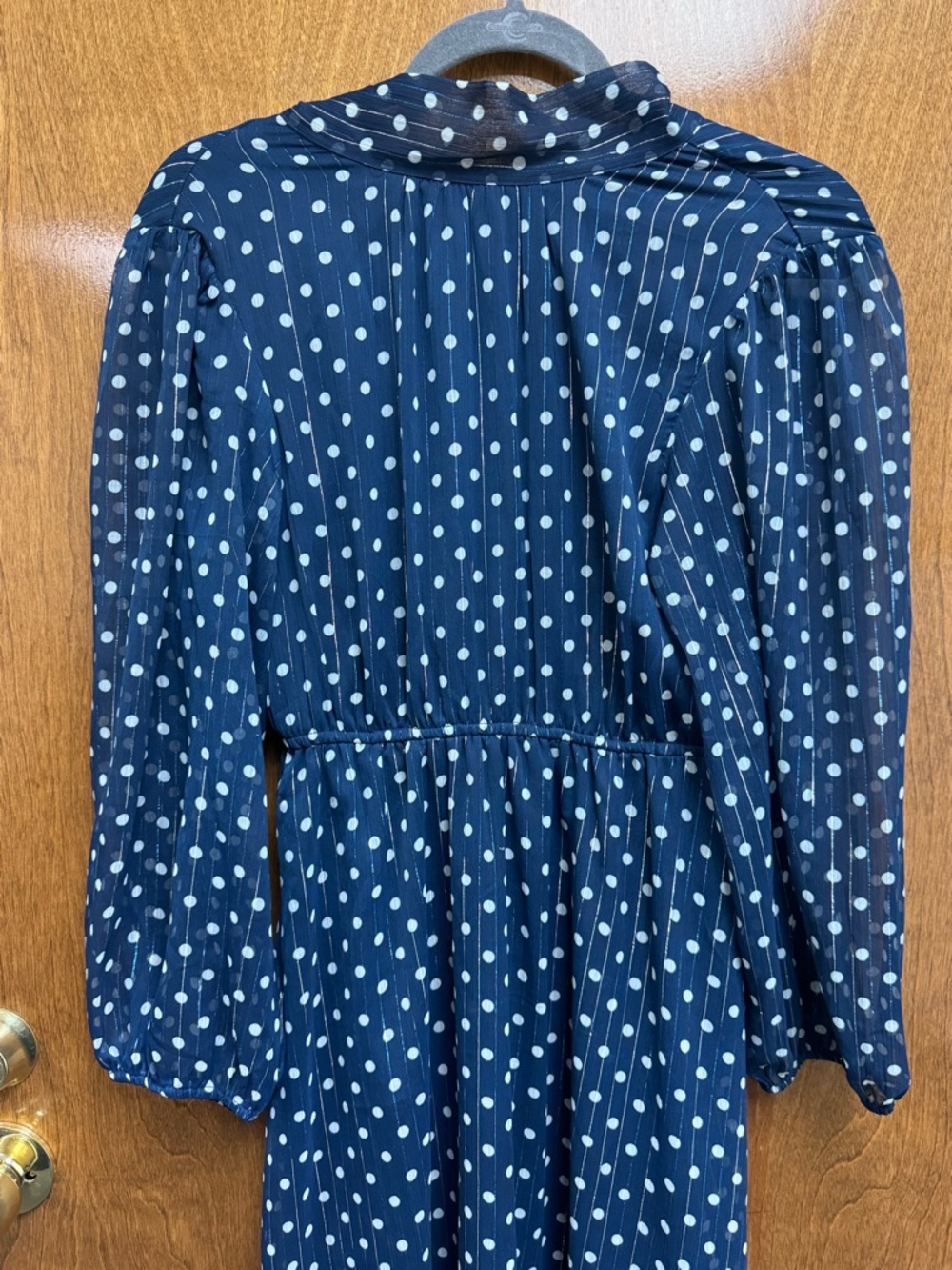 Sfera Navy Polka Dot Maxi Dress -Sheer Sleeves-Keyhole Back- Cinch Waist